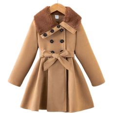 Shein Young Girl Borg Collar Double Breasted Belted Overcoat