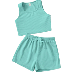 Turquoise Other Sets Children's Clothing Shein Girls Solid Tank Top & Knot Front Shorts