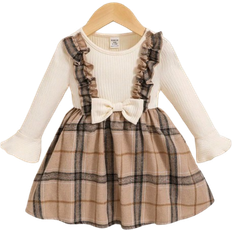 Shein Baby Girl Plaid Print Ruffle Trim Flounce Sleeve Bow Front In Dress