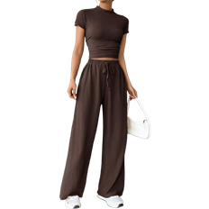 Shein Stücke Damen Lässig Einfarbig Kurzarm Top und Hose Set, Frühling & Sommer
