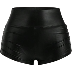 Womens Solid Color Pleated Black PU Leather Short Leggings
