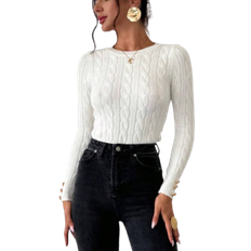 Shein Womens Elegant Casual College Style White Crew Neck Cable Knit Fitted Sweater