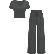 Shein pcs Solid VNeck Short Sleeve TShirt And Knot Detail Wide Leg Pants Set