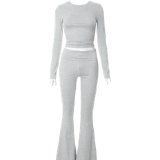 Shein pcs Women Casual Solid Color Fitted Top And Flared Pants Set SpringAutumn
