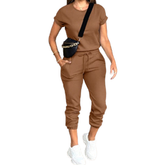 Shein Stmove pcs Womens Solid Color Crew Neck Short Sleeve Top And Pants Set