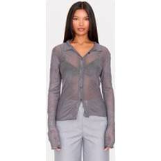 Mesh Shirts PrettyLittleThing Crushed Mesh Long Sleeve Fitted Shirt - Grey