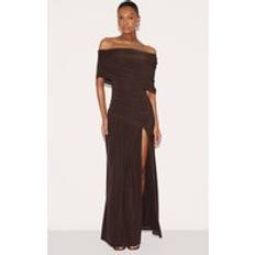PrettyLittleThing Double Layer Slinky Bardot One Shoulder Ruched Maxi Dress - Chocolate Brown