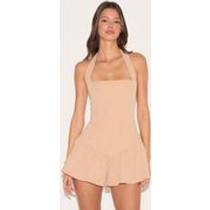 Natural Jumpsuits & Overalls PrettyLittleThing Natural Halter Neck Drop Waist Floaty Playsuit - Natural