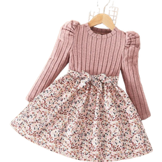 Shein Toddler Girls Casual Long Sleeve Ruffled Sleeve Printed Dress Matching Belt
