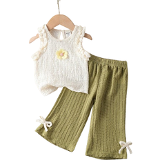 Shein Textured Baby Girl Summer Floral Decor Ruffle Trim Tank Top And Wide Leg Pants Casual Set