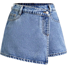 Shein Shein Tween Girls Summer Boho Hem Wrapped Denim Mini Skort - Light Wash