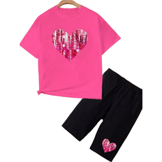 Shein Tween Girl Casual Summer Heart Print TShirt And Tight Shorts Piece Set