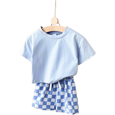 Shein Baby Boy pcsSet Casual Solid Color Short Sleeve TShirt With Plaid Patterned Shorts Summer