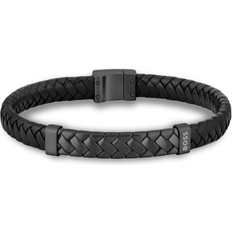 Black Braided-Leather Cuff With Herringbone Hardware