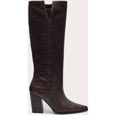 PrettyLittleThing Chocolate Croc PU Point Toe Block Heeled Knee High Boots
