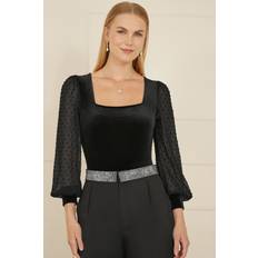 Shapewear & Under Garments MELA Black Velvet Bodysuit With Sheer Sleeves And Square Neckline - Black