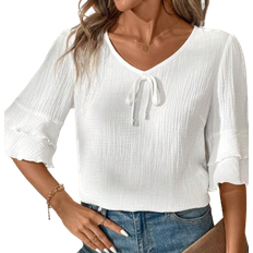 Shein Kurzarm V-Ausschnitt Lässig Baumwolle Bluse mit gerüschtem Saum für Frauen