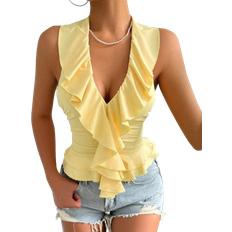 Shein Frauen Sommer Tank Top Einfarbig mit Rüschenbesatz, figurbetont und mit Halterneck Ausschnitt