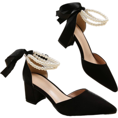 Läderimitation Pumps Shein Faux Pearl Decor Point Toe Chunky Heeled Ankle Strap Pumps, Black Party Stiletto Heels With Bow-tie Detail And Solid Color Ankle Strap For Women