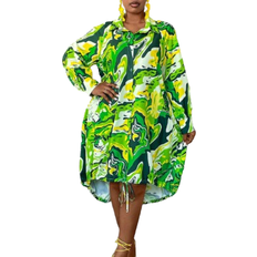 Shein Plus Holiday Casual Allover Print Drawstring Waist Front Button Dress
