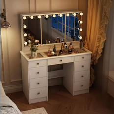 White vanity FUFU & GAGA White Makeup Vanity Desk 9 Drawers Wood Dressing Table 19.7x43.3"