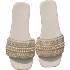 Shein Women's Fashionable Faux Pearl Decorated Square Toe Flat Sandals For Summer