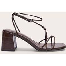 PrettyLittleThing Croc PU Round Toe Strappy Mid Block Heeled Sandals - Chocolate