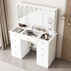 Timechee Makeup Vanity Tri-Fold Mirror Glass Top Dresser 43.3 In W X 53.6 In H X 19.7 In D Dressing Table 19.7x43.3"