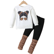 Shein 2pcs/set Toddler Girls' Autumn Floral Print Sweatshirt With Round Neckline And Polka Dot Print Pleated Pants Outfits