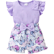 Shein Young Girl pcs Elegant Sweet And Cute Top With Bowknot Detail And Ruffled Hem And Bow Detail Printed Shorts Suitable For Summer Casual Vacation And Pa
