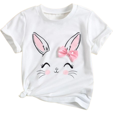 Shein Young Girl White Cute Cartoon Rabbit Printed T-shirt For Summer With Round Neck And Short Sleeves