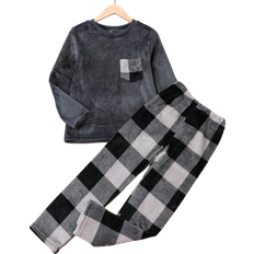 Rutiga Pyjamasar Barnkläder Shein Boys' Color Block Checked Plush Long Sleeve Top And Pants Pajama Set With Pockets For Autumn And Winter