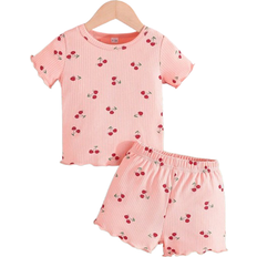Shein pcs Baby Girls Sweet Casual Cherry Pattern Printed Short Sleeve TShirt And Shorts Outfit Summer New Arrival