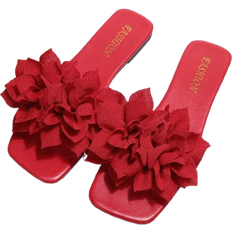 Shein Fashion Big Women Comfortable Simple OneWord Buckle Flower Square Toe Flat Slippers Sandals Casual Beach Summer Shoes
