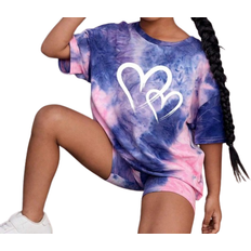 Shein TieDye Heart Design Young Girls Casual Simple Short Sleeve TShirt And Shorts Set Suitable For Summer