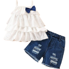 Shein pcsSet Baby Girls Sleeveless Ruffled Top Denim Shorts Summer Outfit