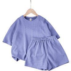 Shein Tween Girl Solid Color Knitted Short Sleeve Round Neck Top And Loose Shorts Casual TwoPiece Outfit