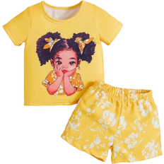 Shein New Arrival Baby Girls Cute Casual Cartoon Print Short Sleeve Top And Floral Shorts Set
