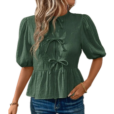 Shein Womens Summer Bow Tie Front Ruffle Hem Puff Sleeve Cute Peter Pan Collar Blouse