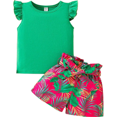Shein Young Girl Summer Vacation Solid Color Short Sleeve Top And Tropical Print Shorts Outfit