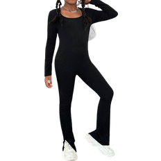 Sportswear Garment Jumpsuits Shein pc Girls Black Ribbed Long Sleeve Skinny Jumpsuit Fashionable Streetwear For Sports And Yoga