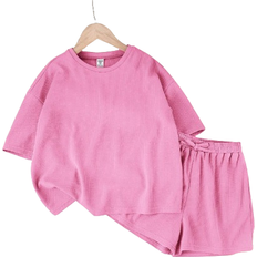 Shein Tween Girls Solid Knitted Short Sleeve Top And Loose Shorts Casual pcs Set