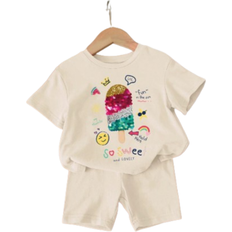 Shein Baby Girl Casual Simple Pearl Imitation Ice Cream Rainbow Summer Printed Short Sleeve Shorts Set Suitable For Summer