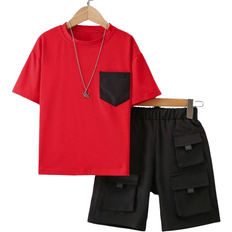 Shein pcs Boys Casual Cargo Pocket Short Sleeve TShirt And Shorts Set