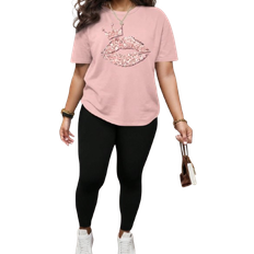 Shein Plus Size Lip Print T-Shirt And Pants - Summer