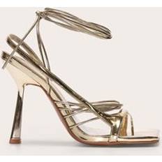 Yellow Heeled Sandals PrettyLittleThing Gold Pu Square Toe Asymmetric Strappy Lace Up High Heel Sandals - Yellow