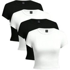 Shein Schwarz-weißes minimalistisches Lässig-Rundhals-Kurzarm-T-Shirt für Frauen, schmale Passform, geeignet für den Sommer