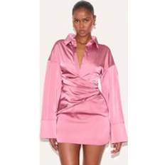 PrettyLittleThing Premium Satin Bell Sleeve Shirt Dress - Blush Rose