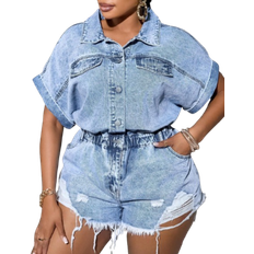 Shein Plus Denim Jumpsuit Casual Sexy Loose Short Sleeve Shorts Romper Ripped Blue