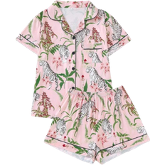 Shein Frauen Pyjama Set mit Blume und Tiger Muster, bequemes Kurzarm Hemd mit Knöpfen und lockere elastische Shorts, Lässig All-Saison Outdoor/Indoor Damen